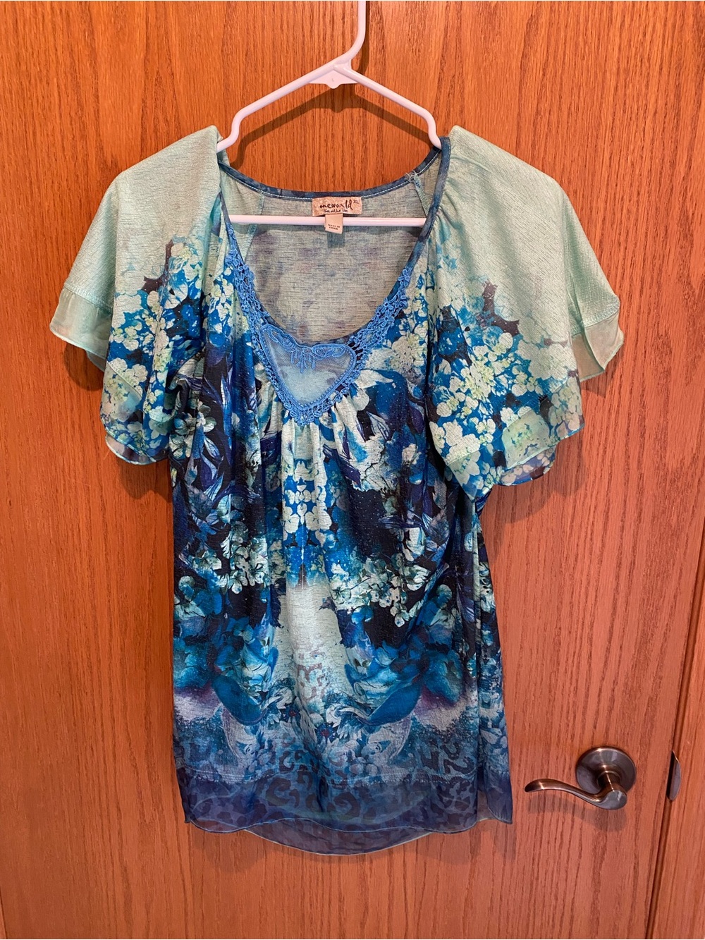 One World Women’s Blue & Mint Green Short Sleeve Top